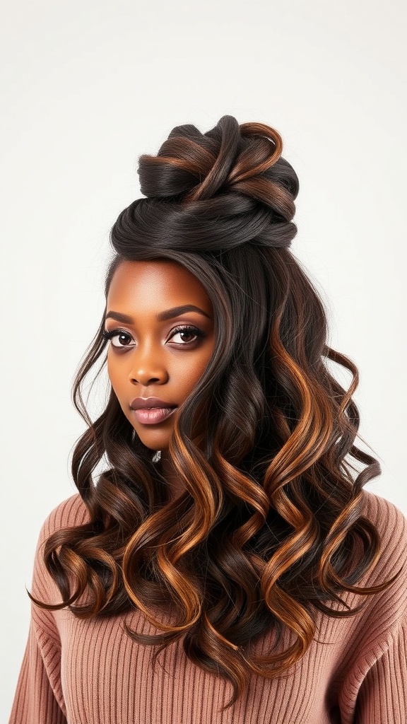 A woman with half-up, half-down hairstyle featuring loose waves and caramel highlights.