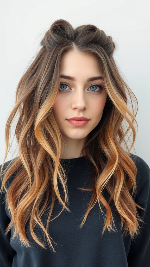 A woman with half-up, half-down hairstyle featuring soft waves and volume.