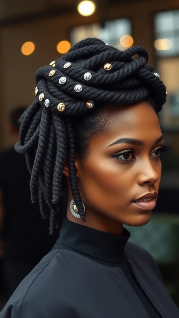 A woman with half-up locs styled with twists and decorative beads.