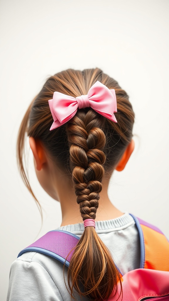 A girl with a half-up ponytail featuring a braid and a pink bow, wearing a colorful backpack.