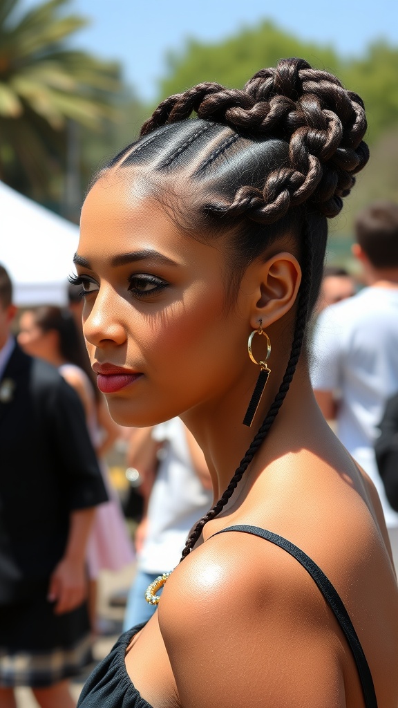 A woman with half-up swirl cornrows hairstyle, showcasing intricate braids and earrings.