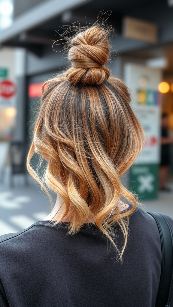 A woman with a half-up top knot hairstyle, showcasing wavy hair.
