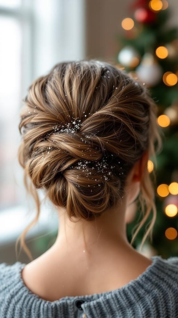 A woman with a half-up twisted bun hairstyle adorned with glitter, set against a backdrop of a decorated Christmas tree.