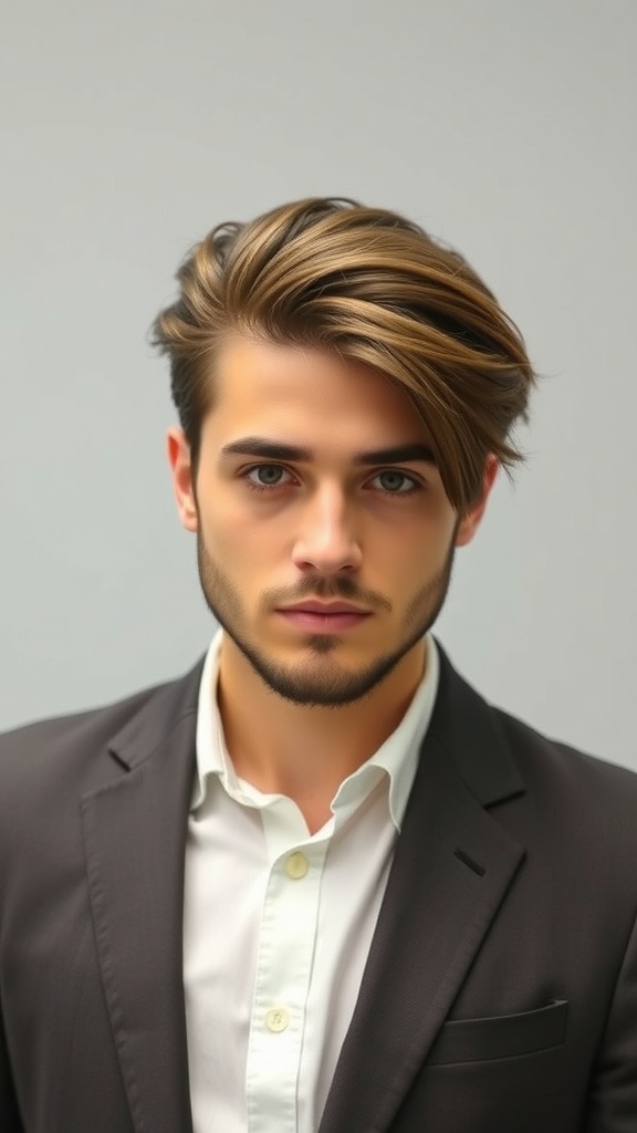 A young man with a half up half down hairstyle, showcasing a modern and stylish look.