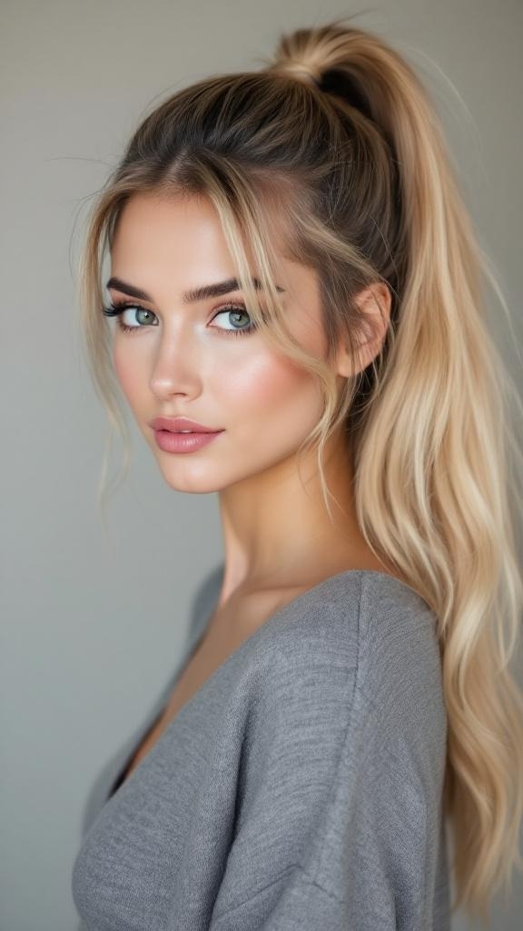 A woman with a high ponytail and face-framing layers, showcasing a chic hairstyle.