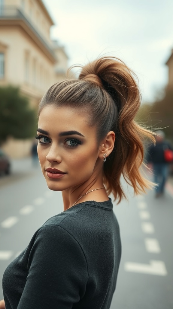 A woman with a high ponytail and volume, showcasing a stylish hairstyle for oval-shaped faces.