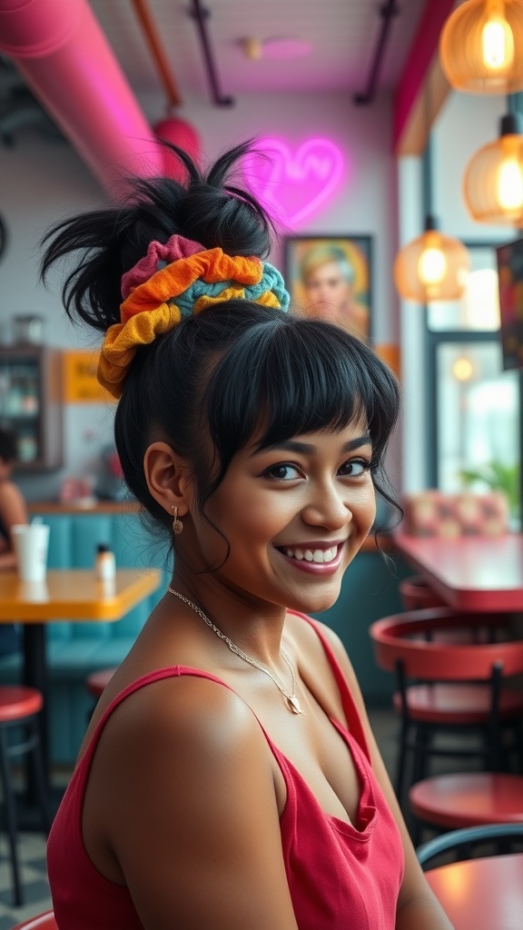 A woman with a high puff hairstyle adorned with colorful scrunchies, smiling in a vibrant cafe.