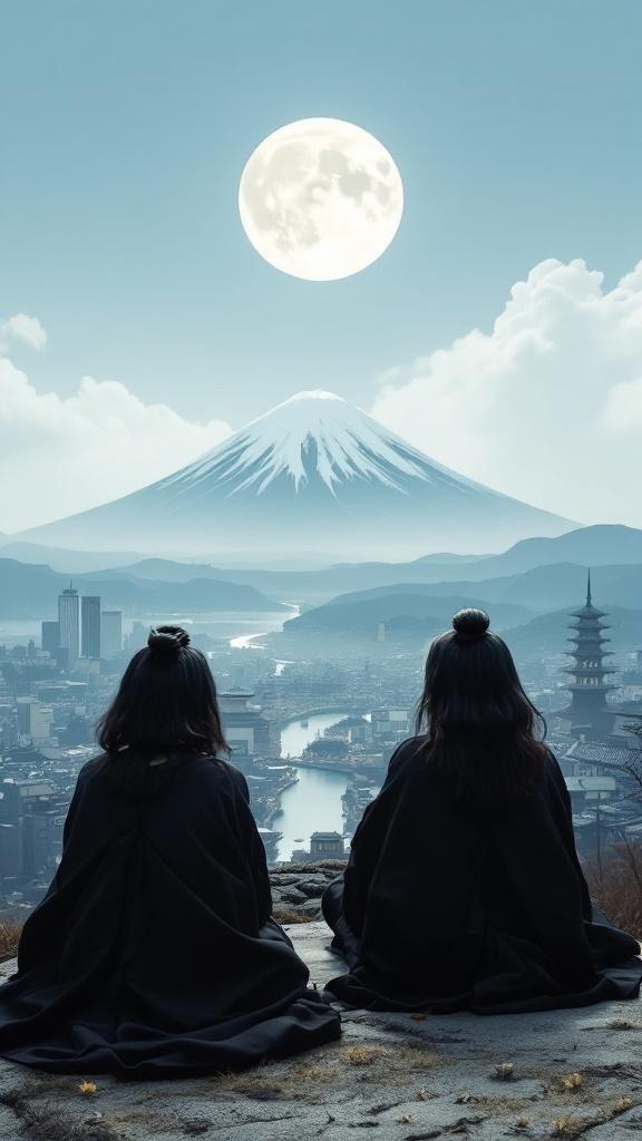 Two figures in traditional attire overlooking a serene landscape with Mount Fuji in the background.