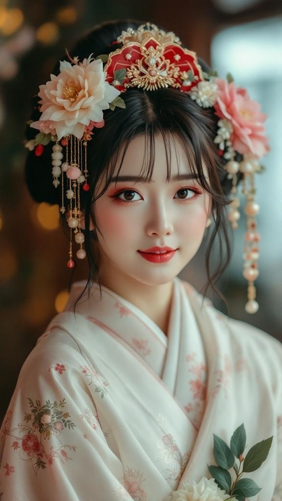 A woman with a Hime haircut, adorned with floral accessories, wearing a traditional kimono.