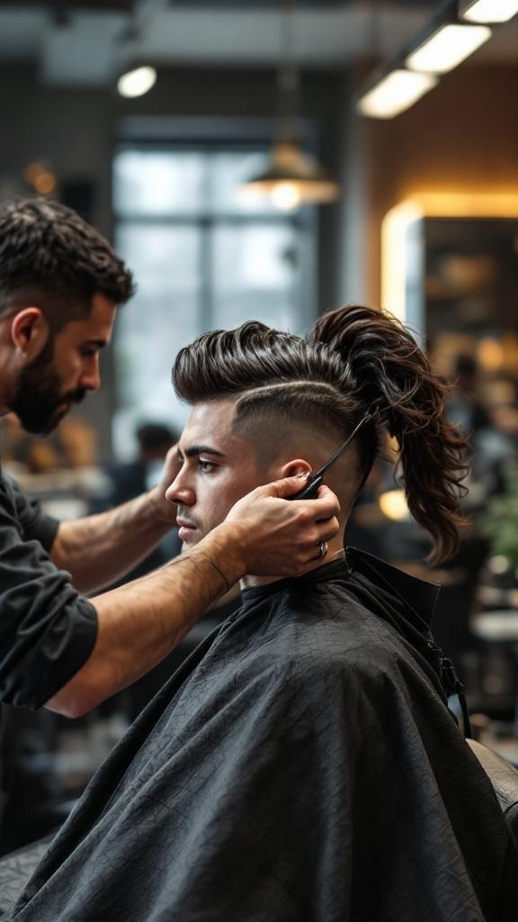 A barber giving a haircut to a client, focusing on achieving a Hime hairstyle.
