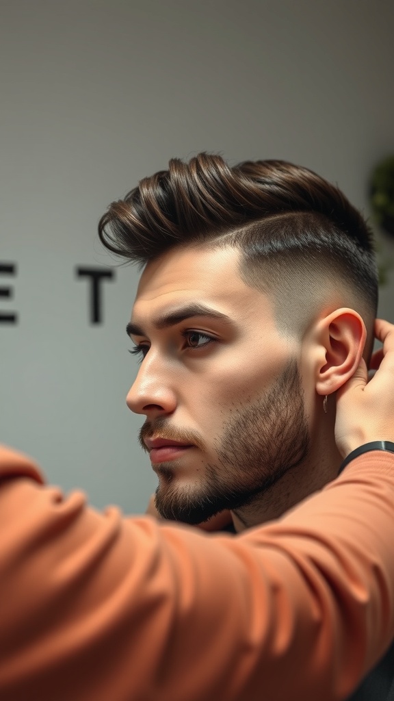 A young man with a stylish wolf cut hairstyle, showcasing volume and texture.