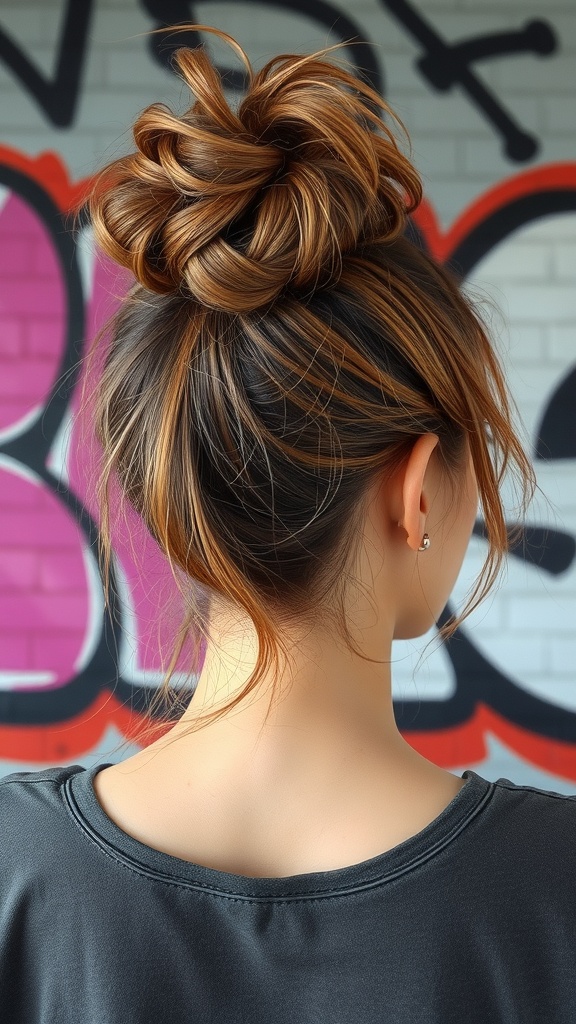 A woman with a messy bun hairstyle, showcasing warm hair tones against a colorful graffiti background.