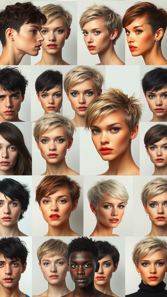 A collage of various individuals showcasing different styles of the wedge haircut, highlighting its versatility across different face shapes.