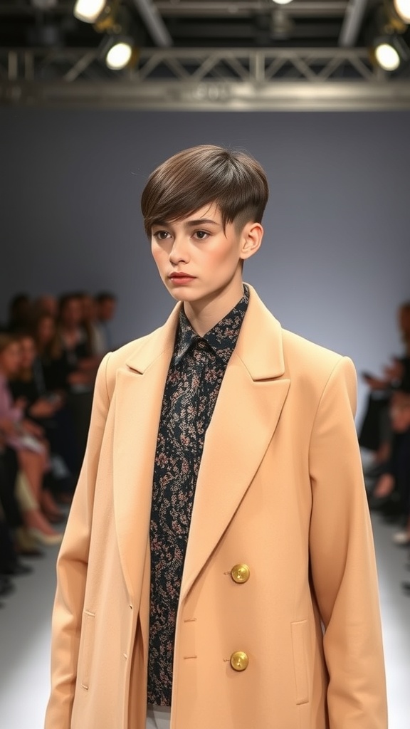 Model showcasing a short stacked wedge haircut on the runway