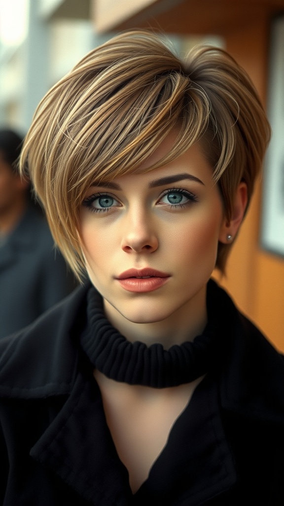 A stylish woman with a Wolf Cut featuring Curtain Bangs, showcasing a modern take on 70s and 80s hairstyles.