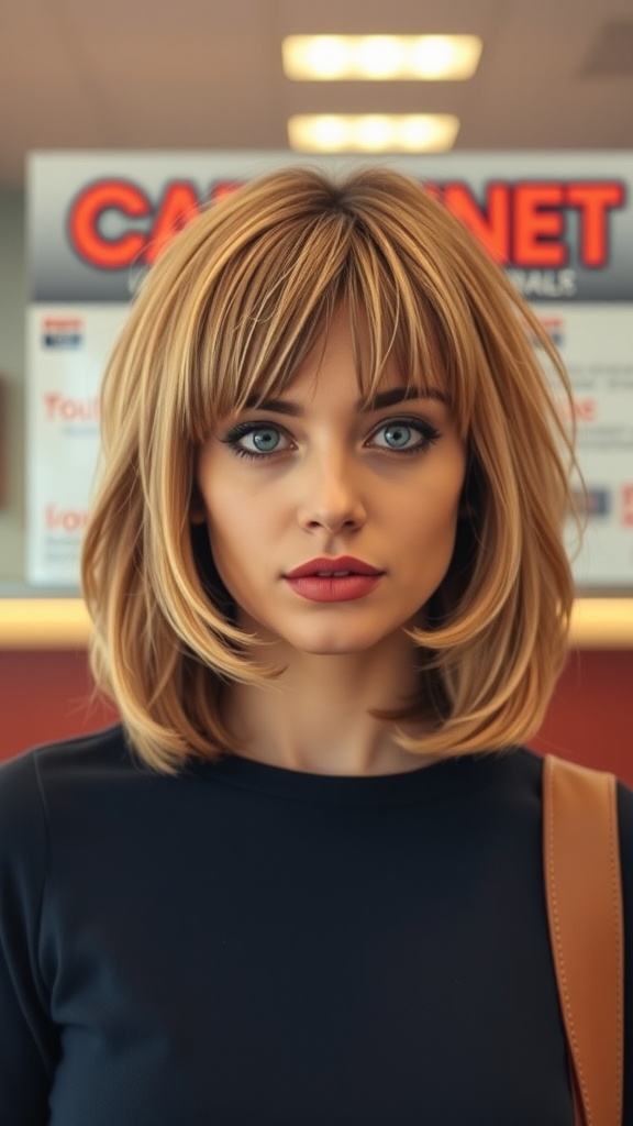 A woman with a shaggy lob hairstyle, showcasing layers and soft waves.