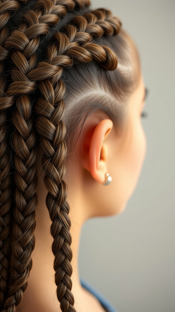 Close-up of intricate baby braid designs on hair