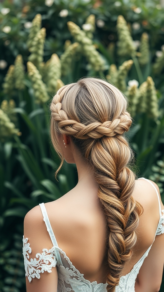 A bride with an intricate braided crown hairstyle, featuring a soft braid wrapped around her head, set against a backdrop of green foliage.