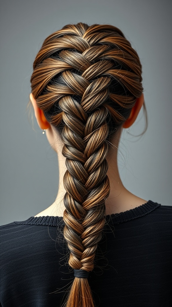 A close-up view of a beautifully crafted fishtail braid on a woman's hair, showcasing intricate weaving and contrasting hair colors.
