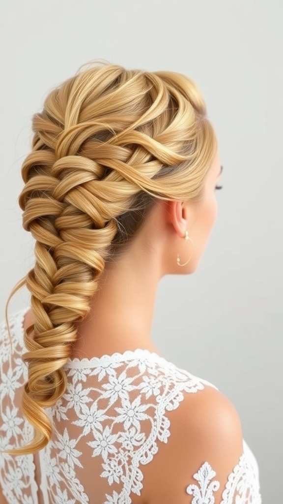 A close-up of a woman's hair styled in an intricate lace braid, showcasing a blend of classic and modern elements.