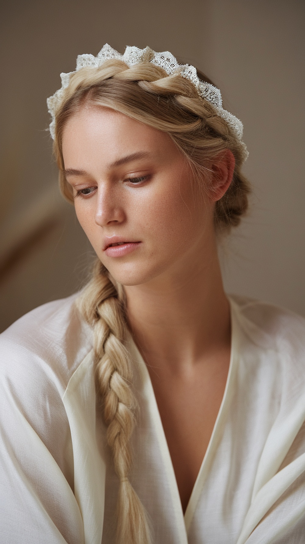 A woman with a lace braid crown hairstyle, featuring a delicate lace headband and a loose braid.