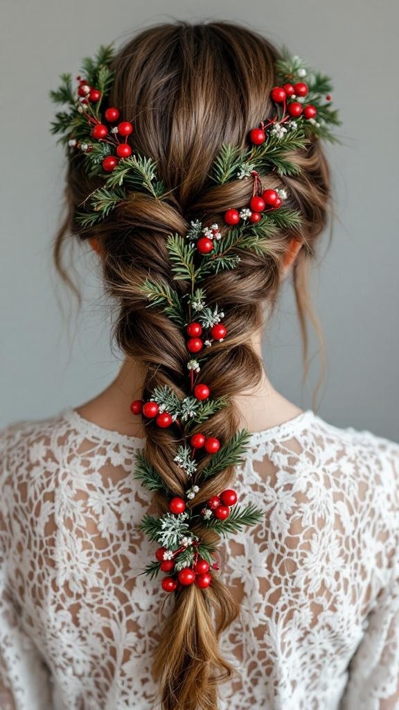 A woman with a lace braid decorated with holiday garland featuring red berries and green foliage.