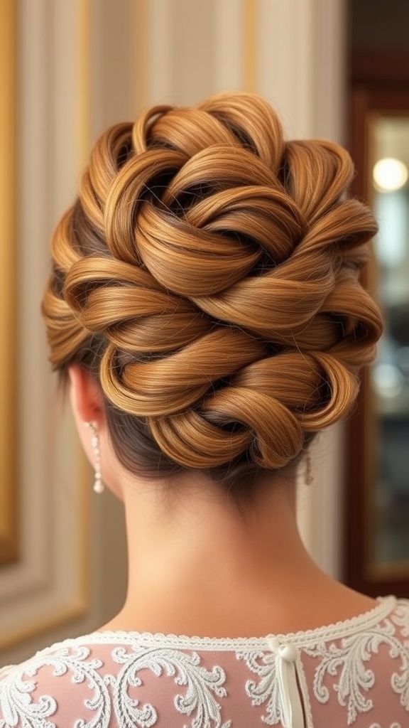 A close-up of an intricate updo hairstyle featuring twists and curls, showcasing a blend of colors.