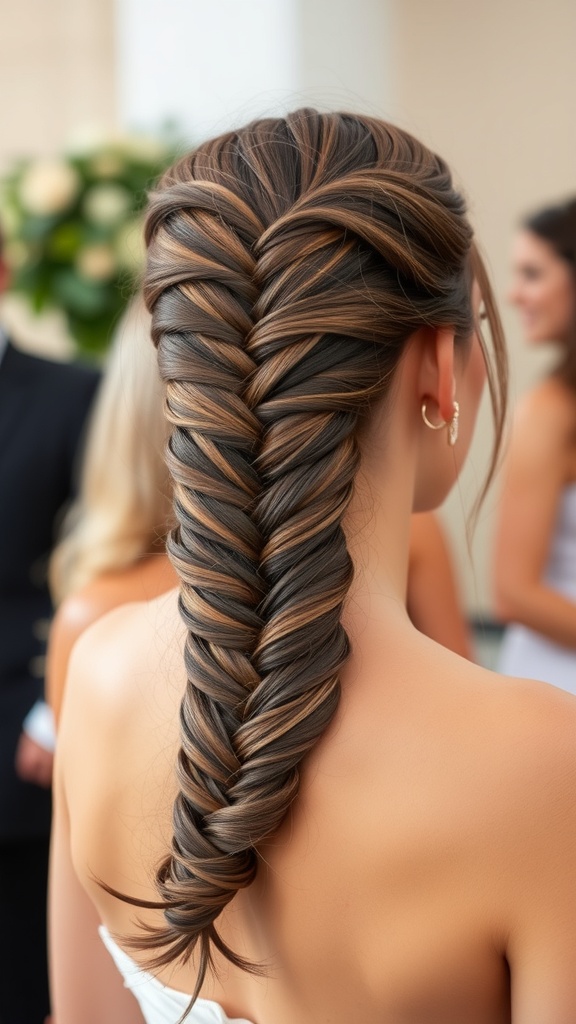 A close-up of a beautifully styled waterfall braid on a woman, showcasing intricate weaving and highlights.