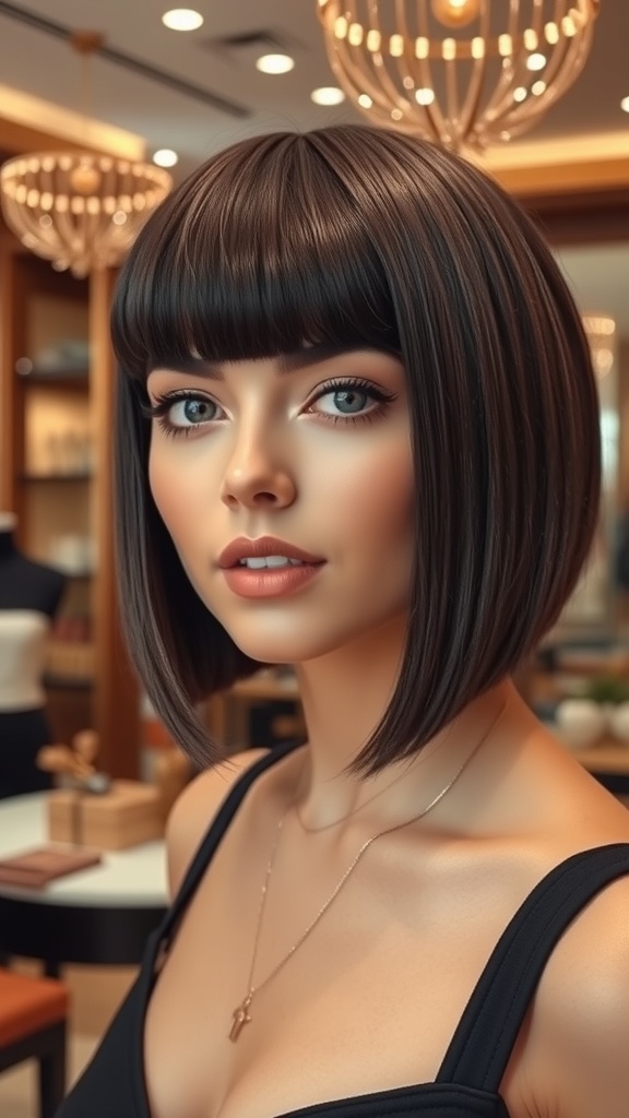 A woman with a sleek inverted bob hairstyle, showcasing shine and elegance.