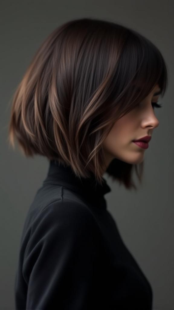 A woman with an inverted layered bob hairstyle, showcasing rich multi-tonal hair color and soft waves.