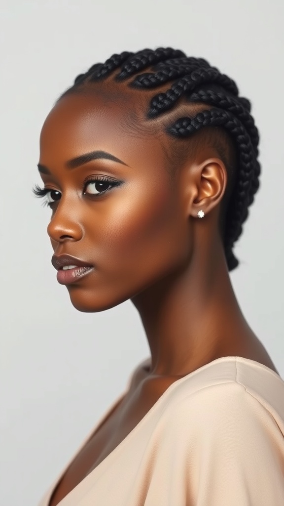 A woman with knotless braids styled elegantly, showcasing her natural beauty.