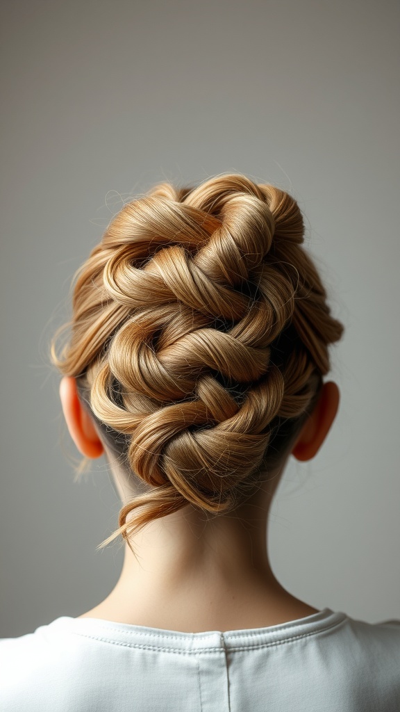 A close-up view of a knotted bun hairstyle, showcasing intricate twists and smooth strands.