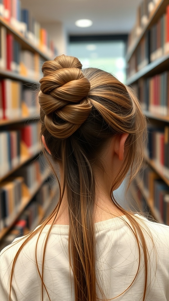A girl with long hair styled in a knotted chignon and a braid, holding a book in a library.