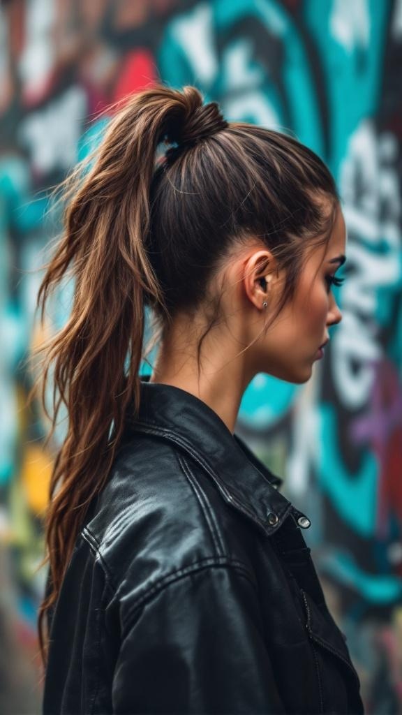 A model with a knotted ponytail hairstyle, wearing a leather jacket, against a colorful graffiti background.