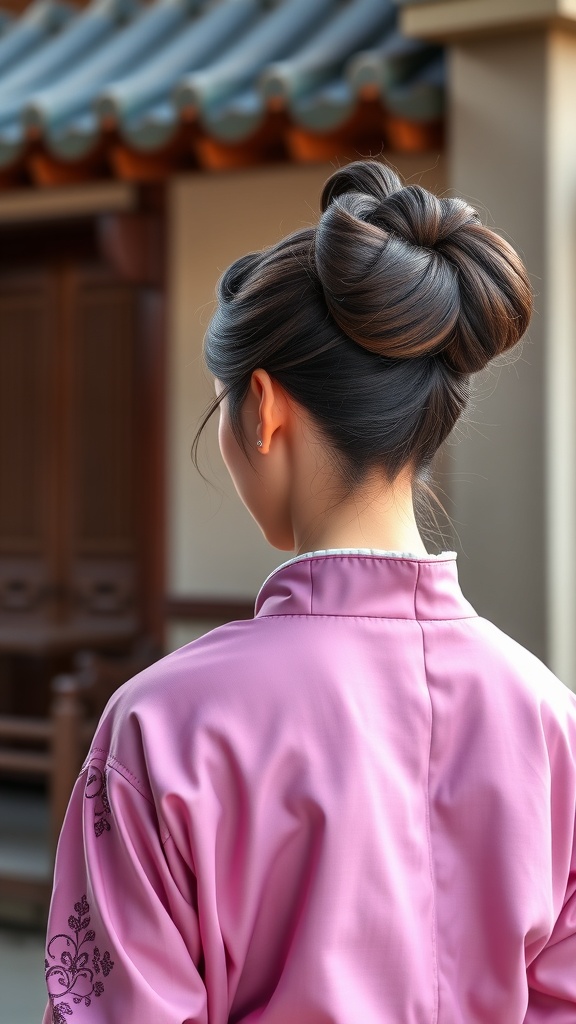 A woman with a traditional bun hairstyle wearing a pink hanbok, showcasing Korean cultural heritage.
