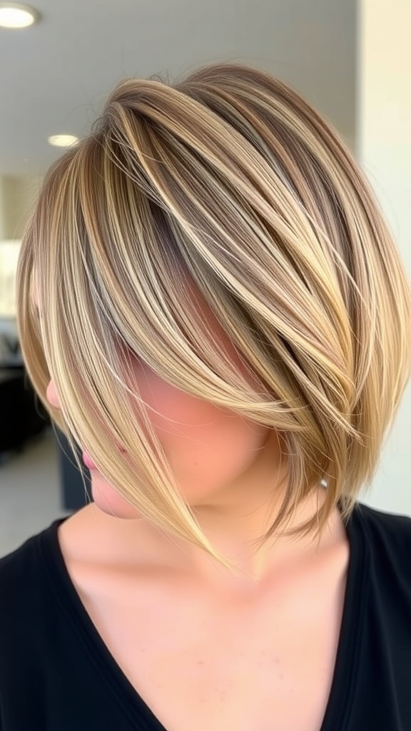 A mannequin showcasing a layered bob hairstyle with side-swept bangs, emphasizing volume and texture.