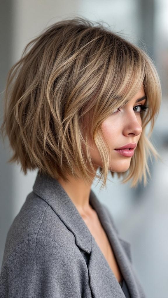 A woman with a layered bob hairstyle featuring a shaggy finish, showcasing volume and style.