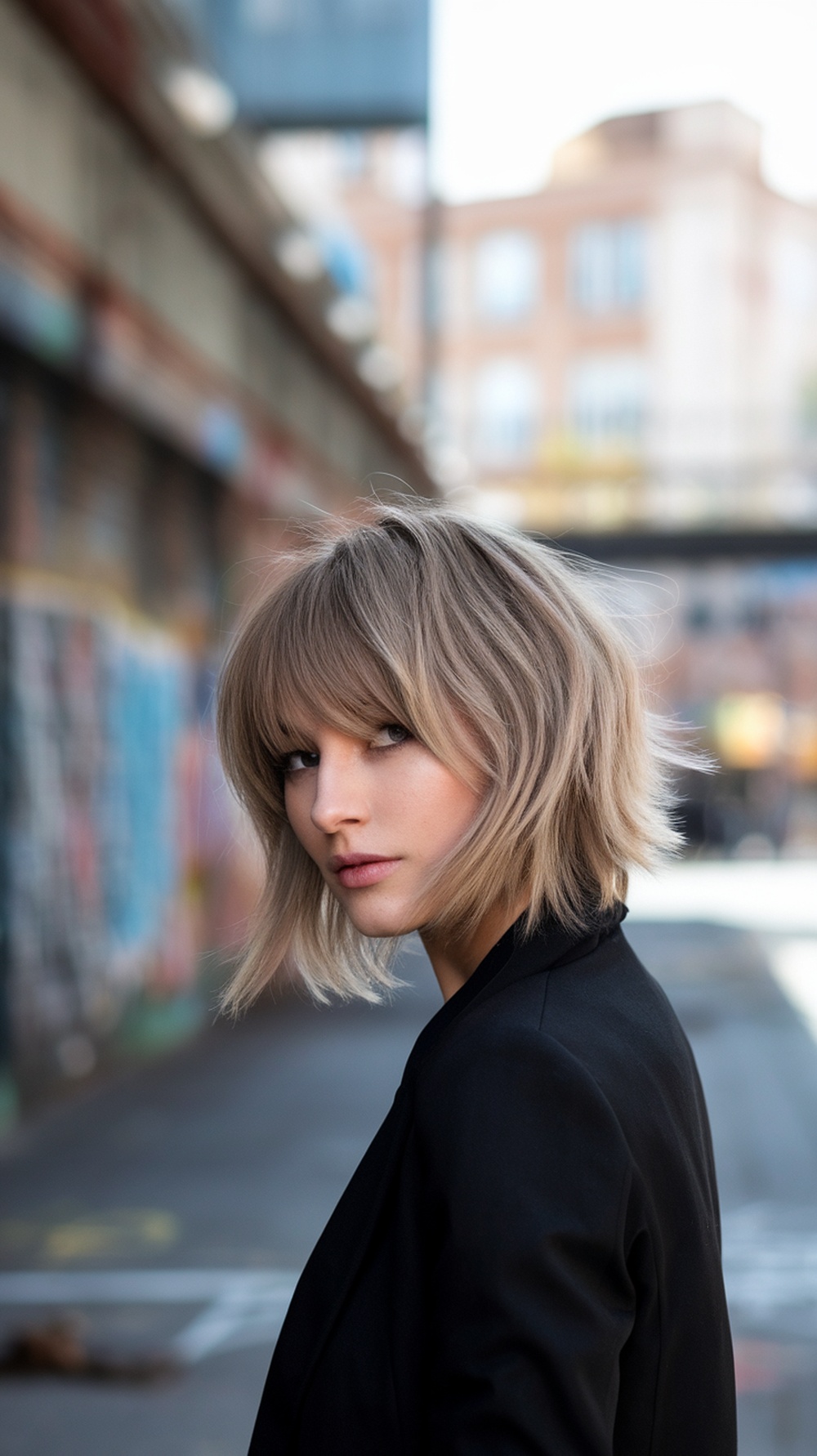 A woman with a layered bob haircut and bangs, looking stylish in an urban setting.