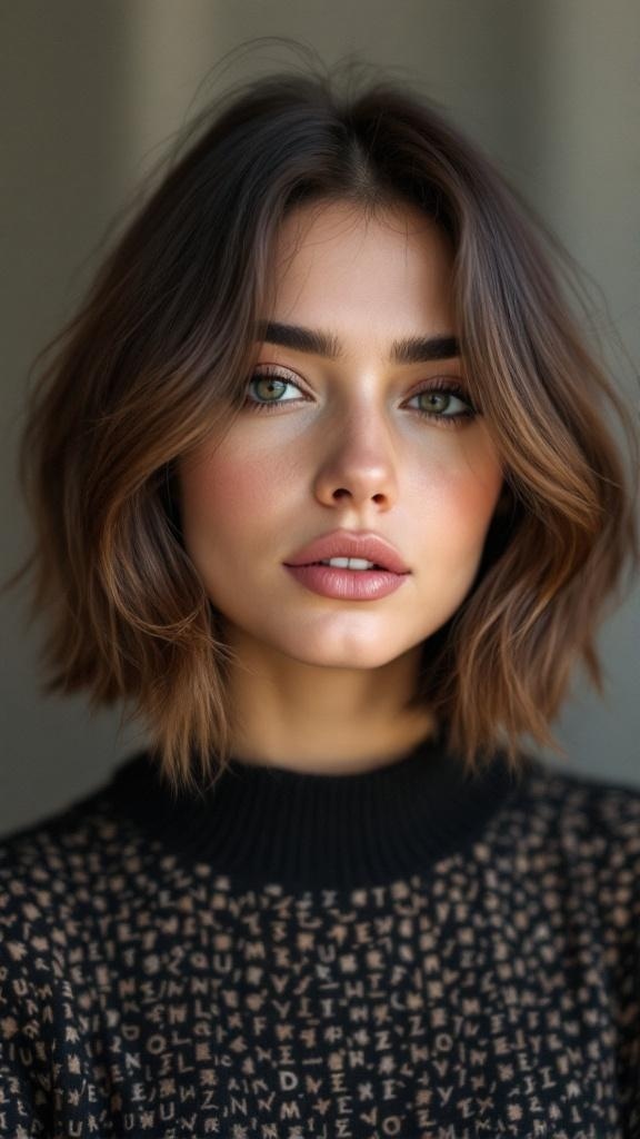 A woman with a layered bob hairstyle featuring face-framing pieces, showcasing volume and style.