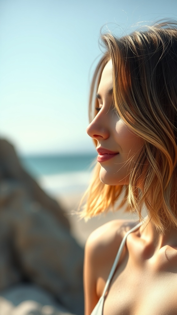 A woman with a layered bob hairstyle and highlights, standing near the beach.