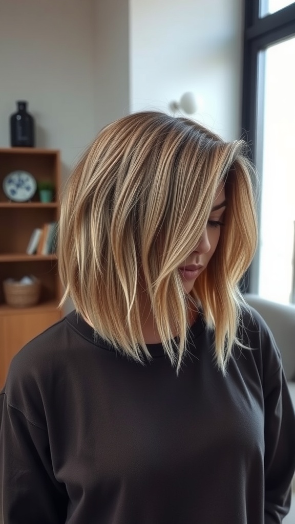 A woman with a layered bob hairstyle featuring textured ends, looking stylish and casual.
