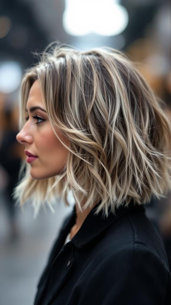 A stylish layered bob hairstyle with textured ends, showcasing movement and volume.
