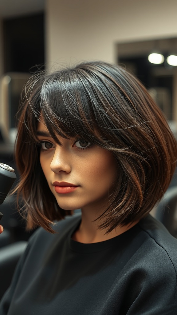A woman with a layered bob hairstyle, looking stylish and confident.