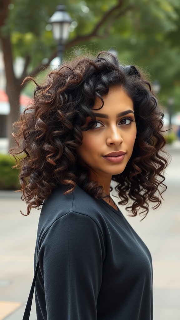 A woman with layered curly hair, showcasing defined and bouncy curls.