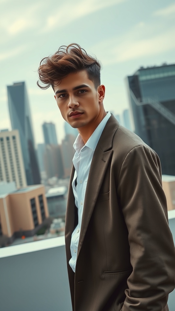 A young man with layered curly hairstyle, wearing a suit jacket, standing against a city skyline.