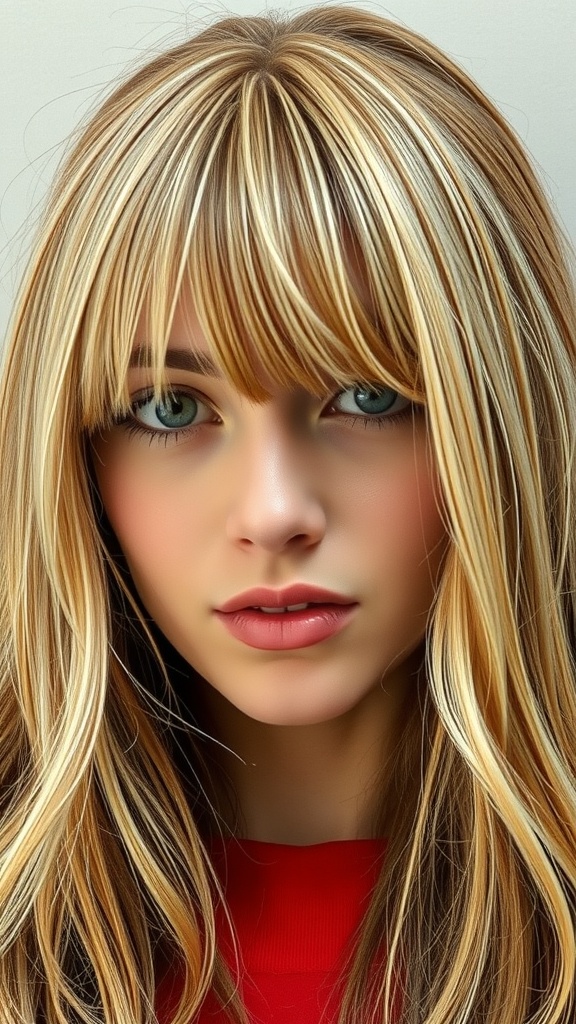 A woman with layered curtain bangs and long, wavy hair, showcasing a blend of light and dark hair tones.