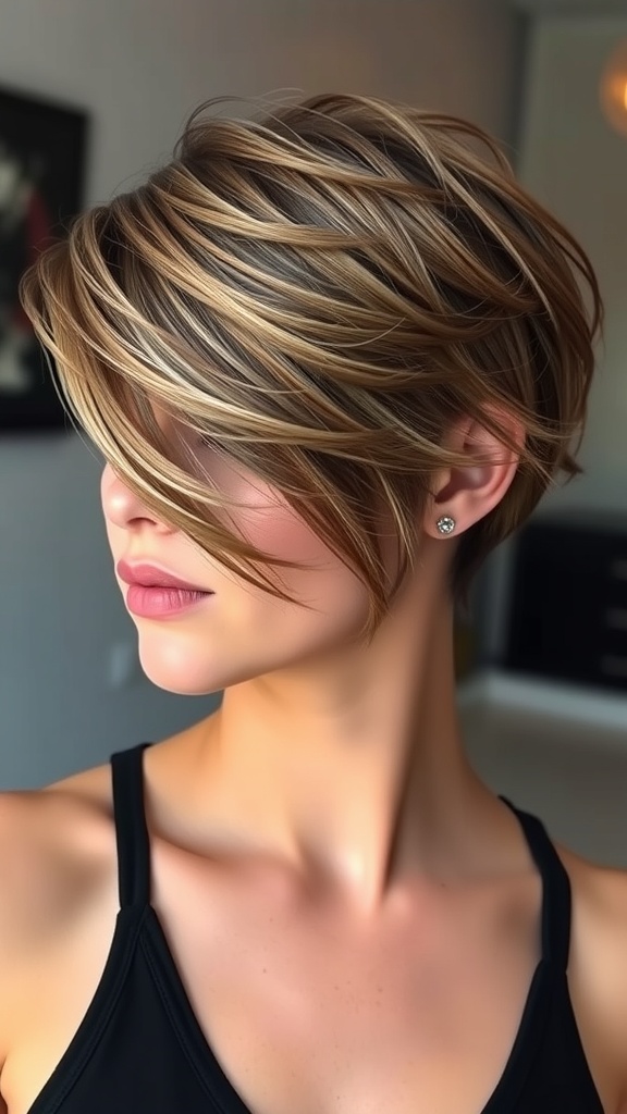 A stylish layered haircut with a shaved side, showcasing soft layers and a bold look.
