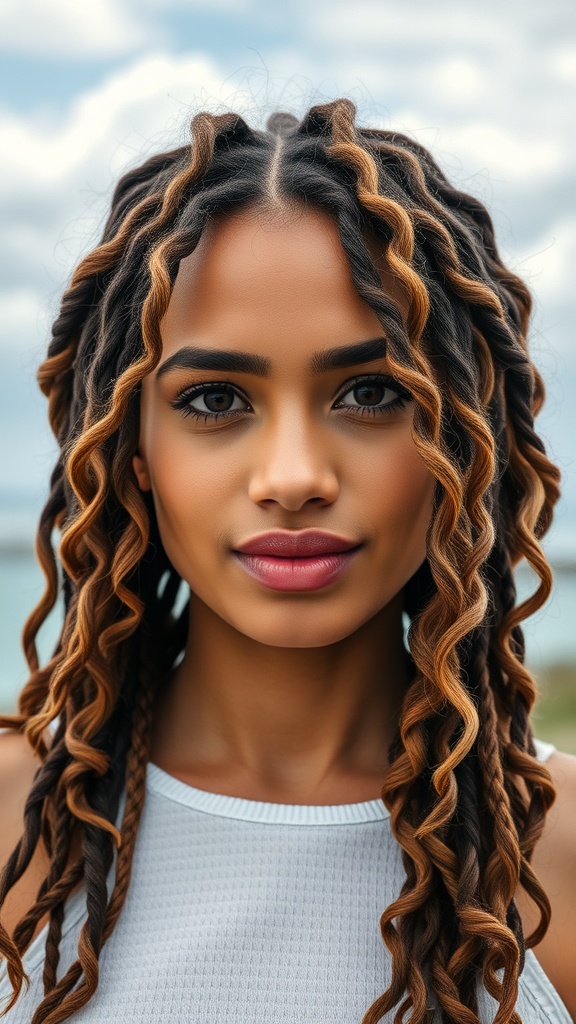 A woman with layered dyed locs, featuring dark and light hues, showcasing a stylish hairstyle.