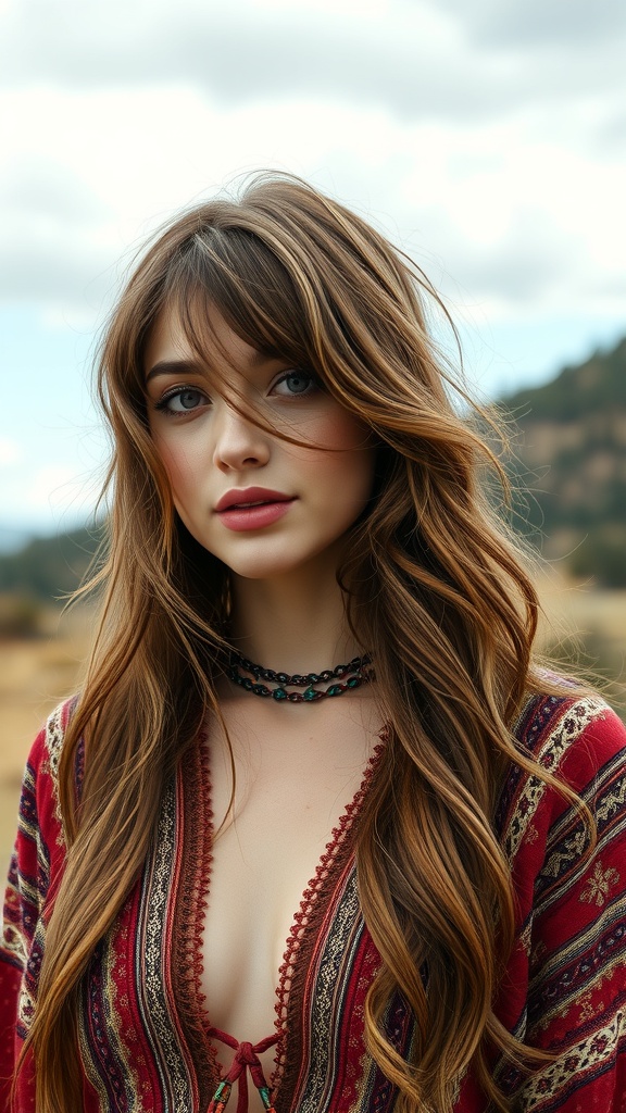 A woman with layered fringe hairstyle, wearing a colorful outfit, with a natural landscape in the background.