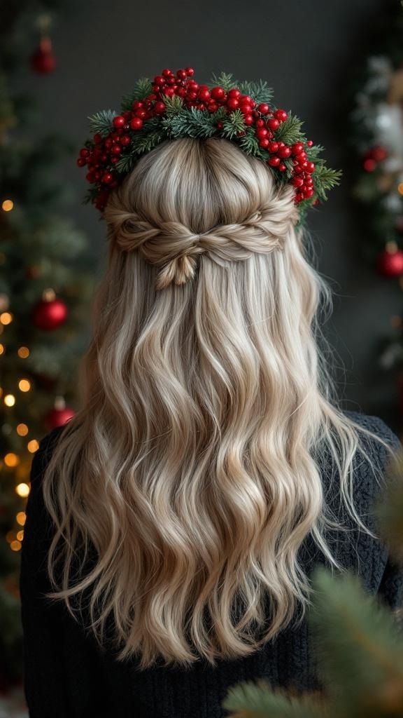 A woman with layered blonde hair styled in soft waves, adorned with a festive headband featuring red berries and greenery.